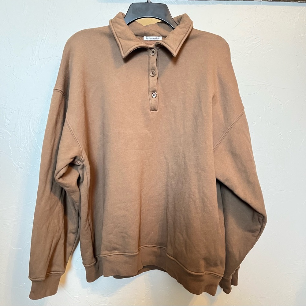 REFORMATION Vintage Oversized Polo Sweatshirt in Latte Size S - Picture 5 of 10